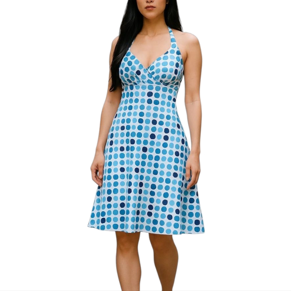 Calvin Klein Fit and Flare Blue White Polka Dot Pleated Dress